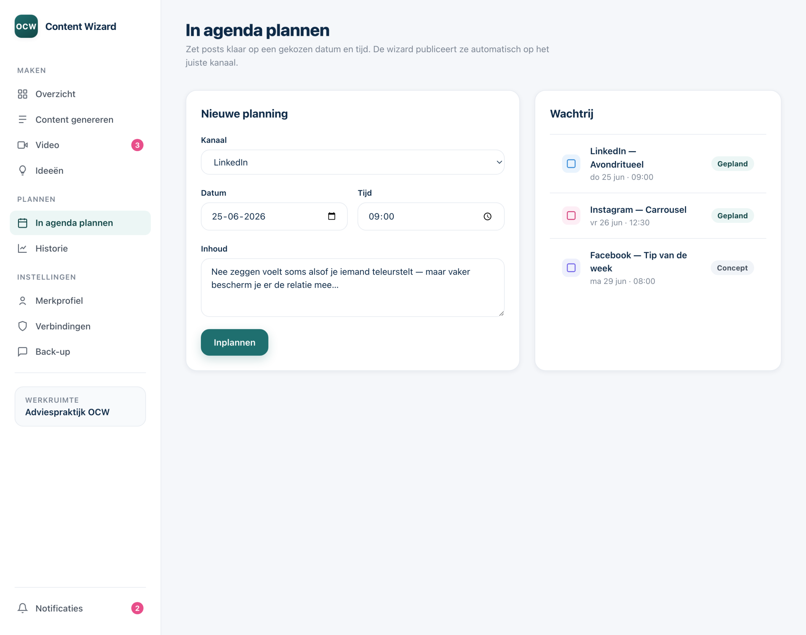 Het scherm In agenda plannen met het planformulier links en de wachtrij met geplande posts rechts