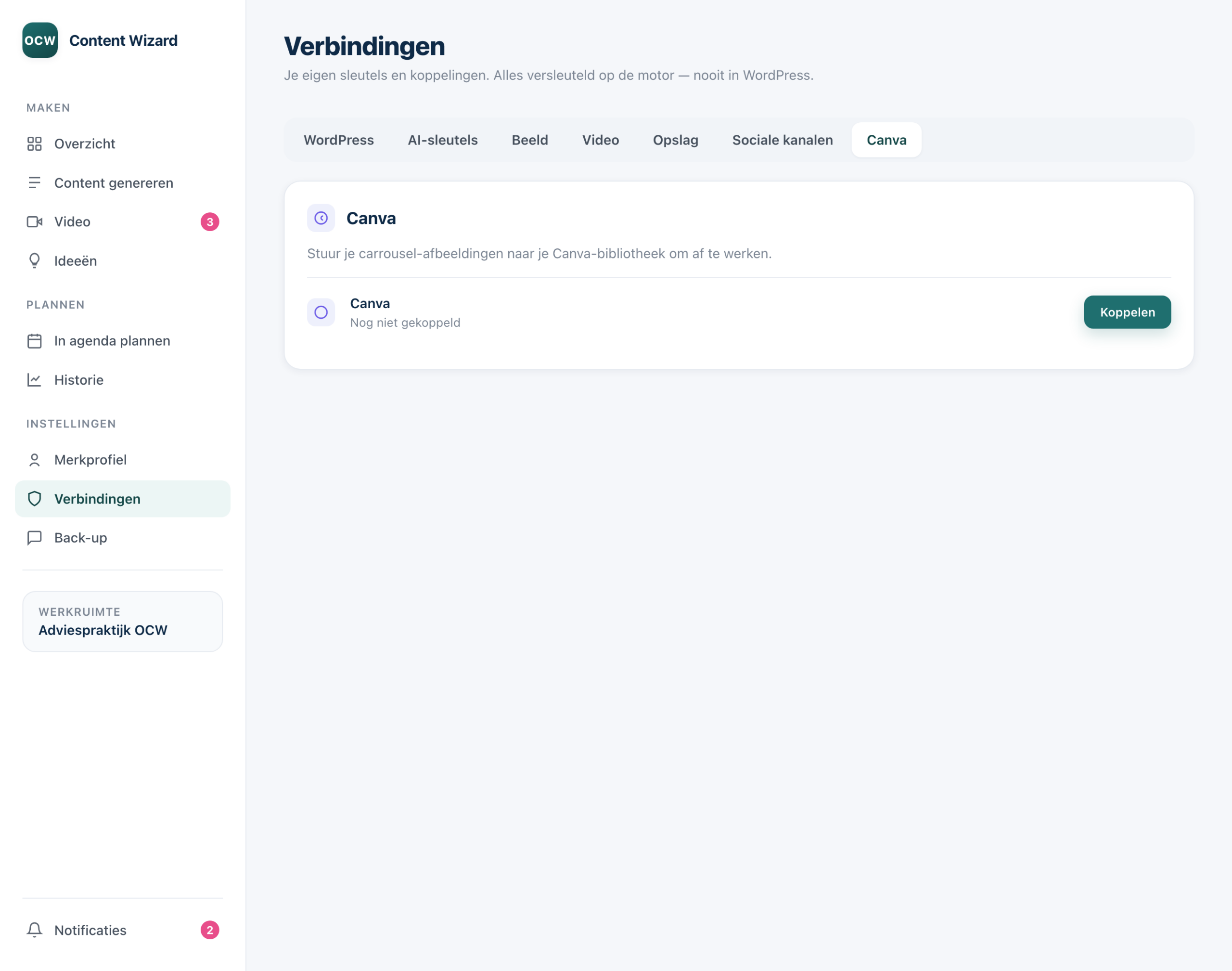 Het tabblad Canva onder Verbindingen met de knop Koppelen