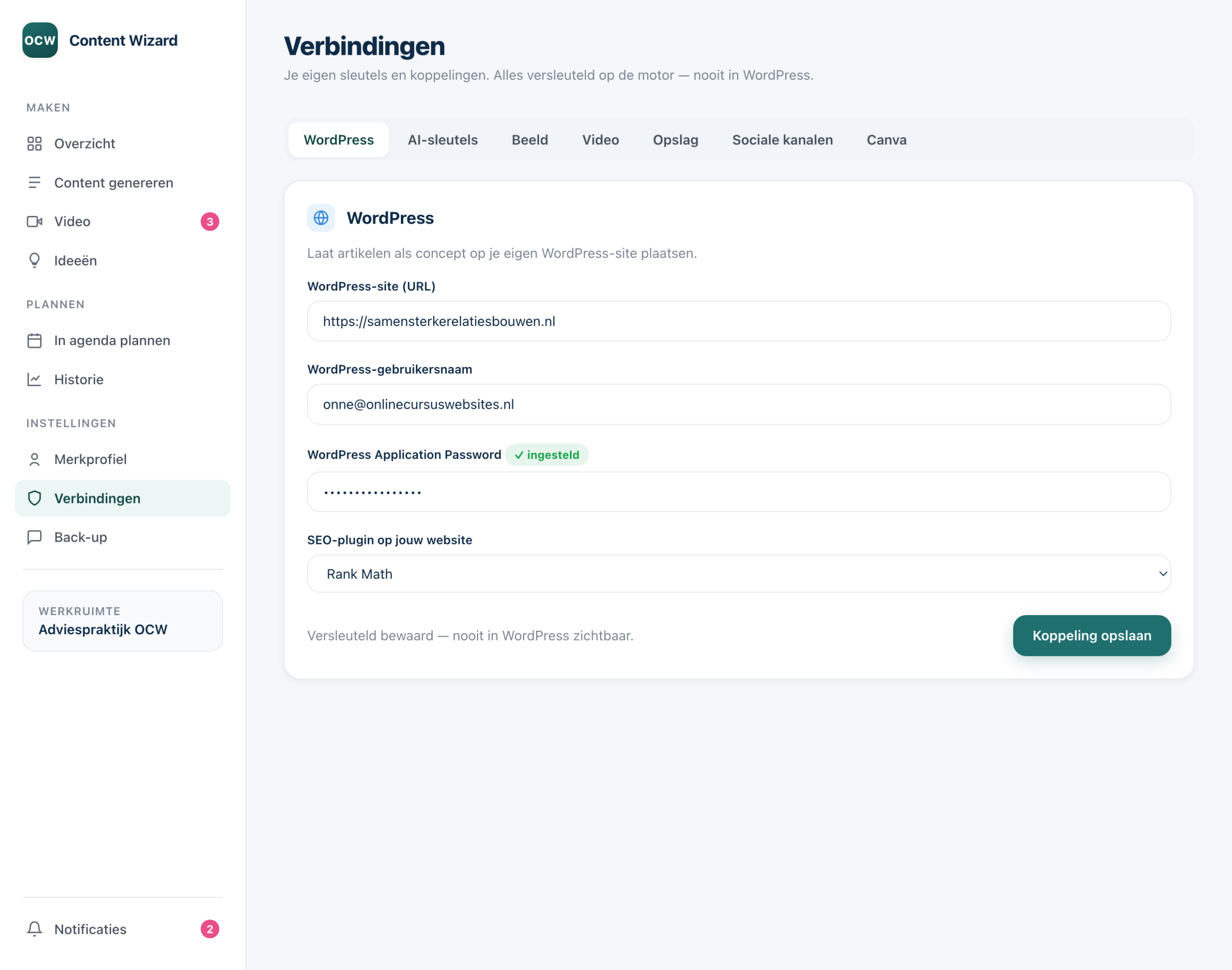 Het tabblad WordPress onder Verbindingen met de velden voor URL, gebruikersnaam, Application Password en SEO-plugin