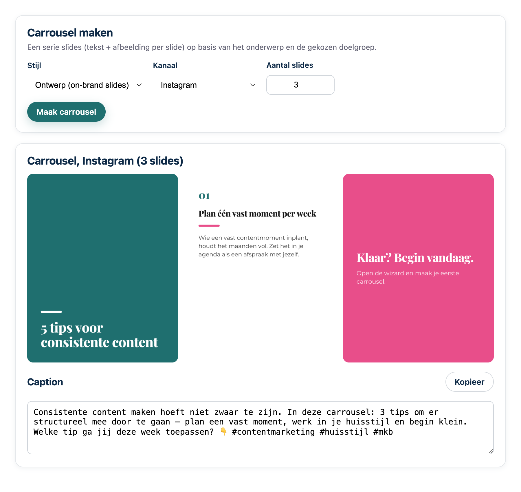 Ontwerp-carrousels: on-brand slides in plaats van een AI-foto met tekst