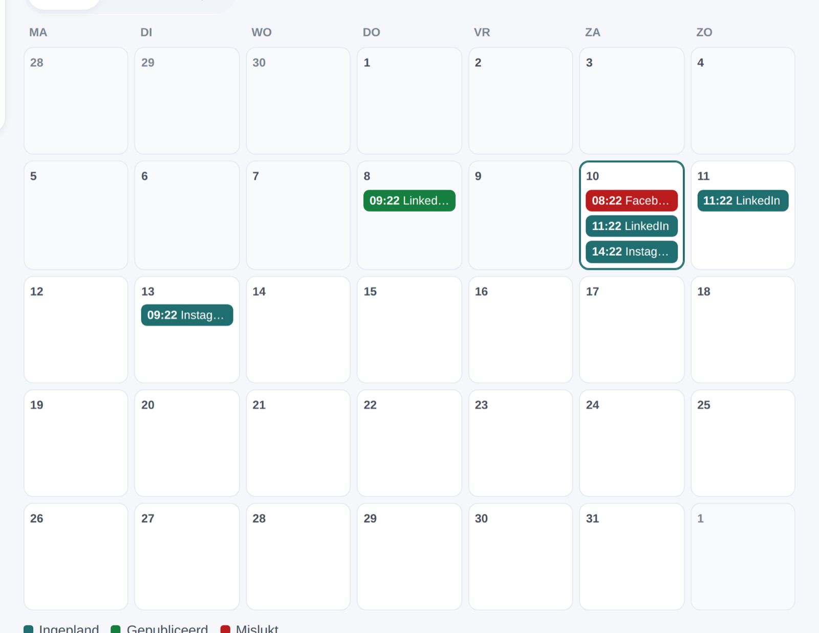 Ingeplande posts op gekoppelde sociale kanalen in de agenda