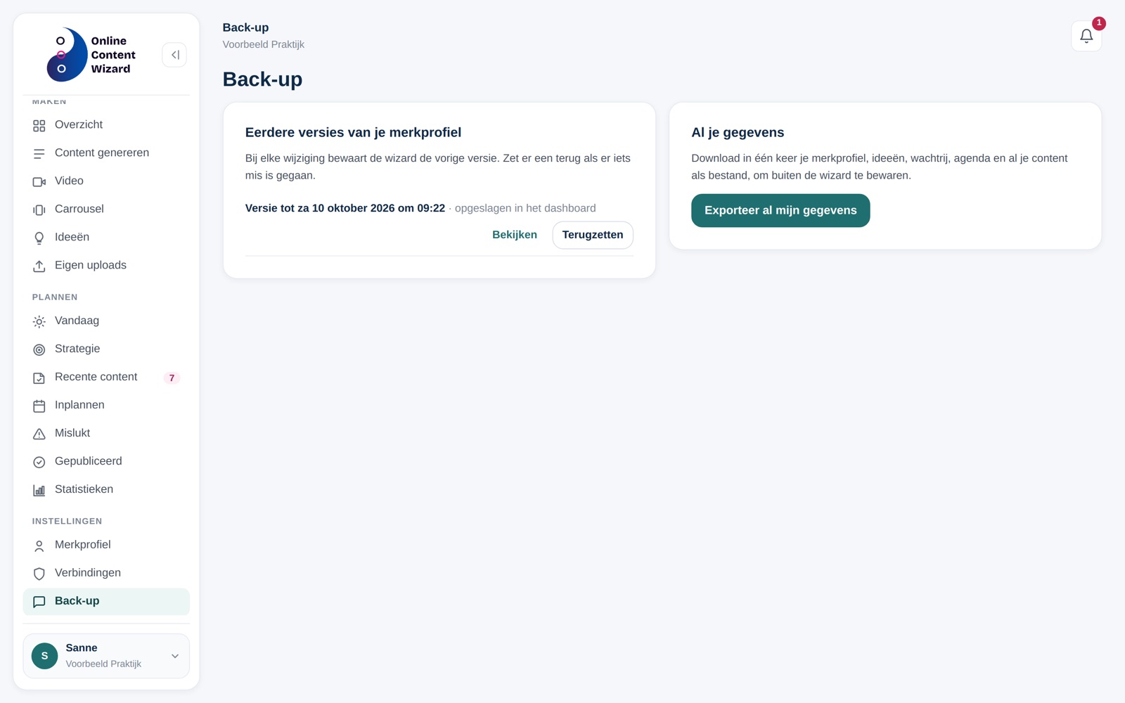 Een back-up van je merkprofiel terugzetten in de Online Content Wizard