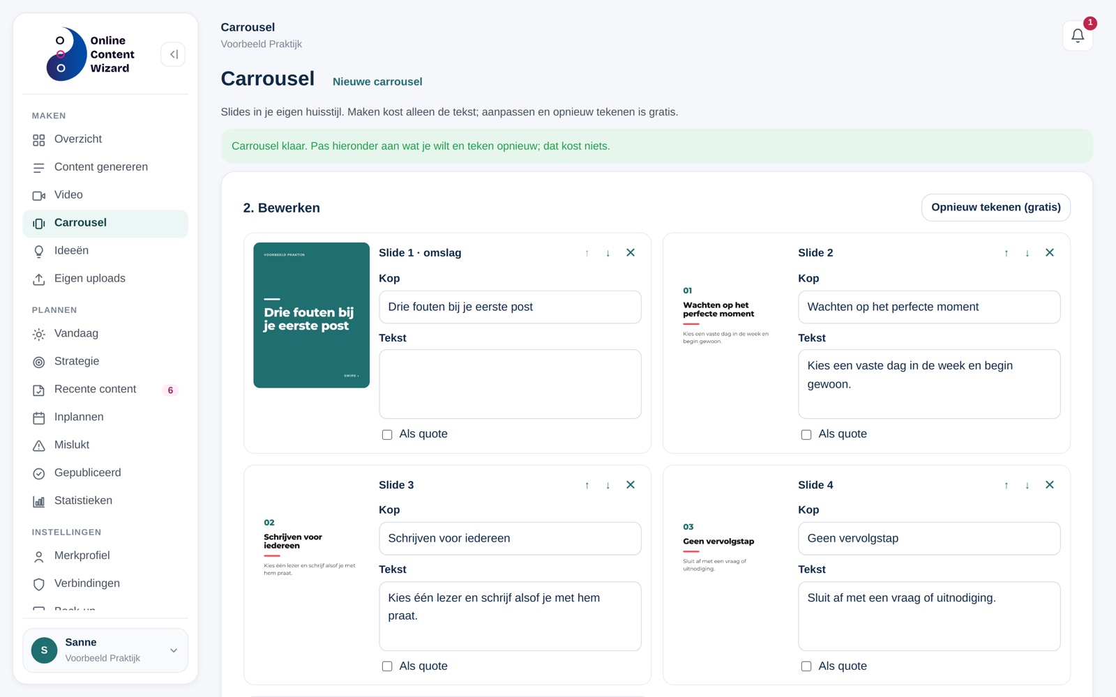 Carrousel bewerken: kop en tekst per slide aanpassen en gratis opnieuw tekenen