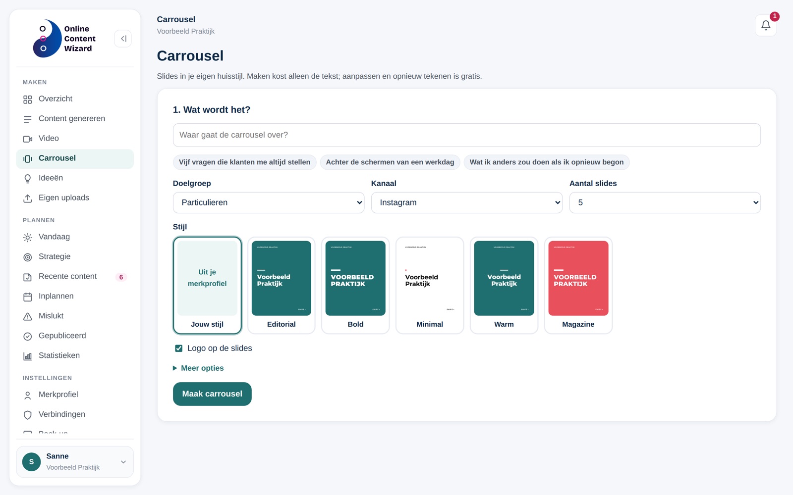 Een carrousel aanmaken in de Online Content Wizard: onderwerp, kanaal en stijl kiezen