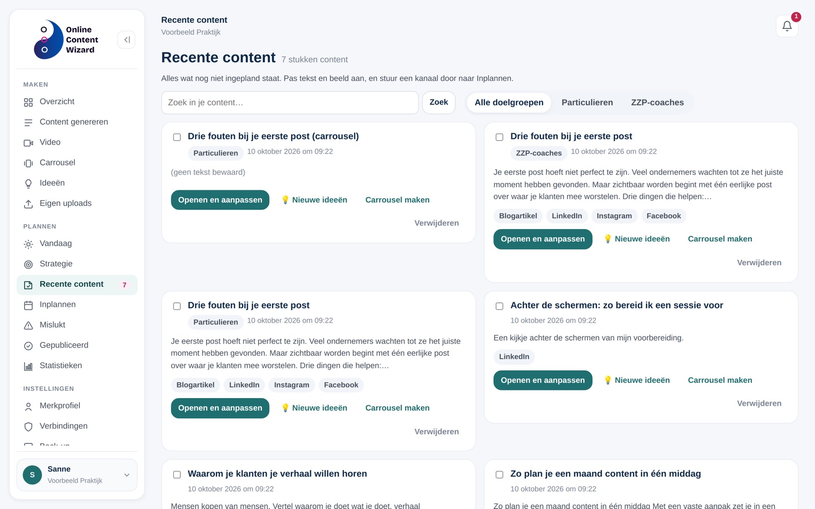 Recente content bekijken en hergebruiken in de Online Content Wizard