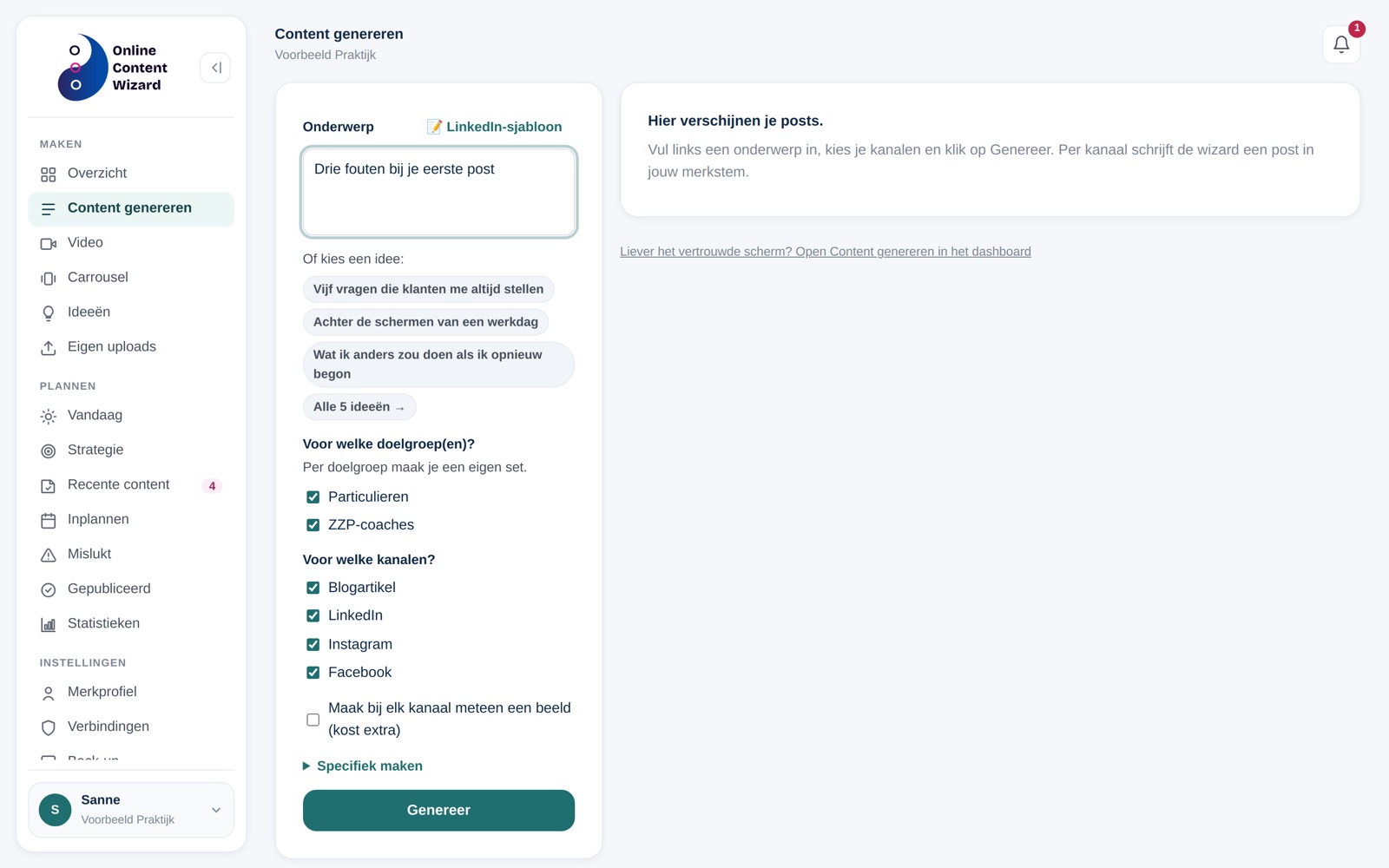 Content genereren in de Online Content Wizard: onderwerp, doelgroepen en kanalen kiezen