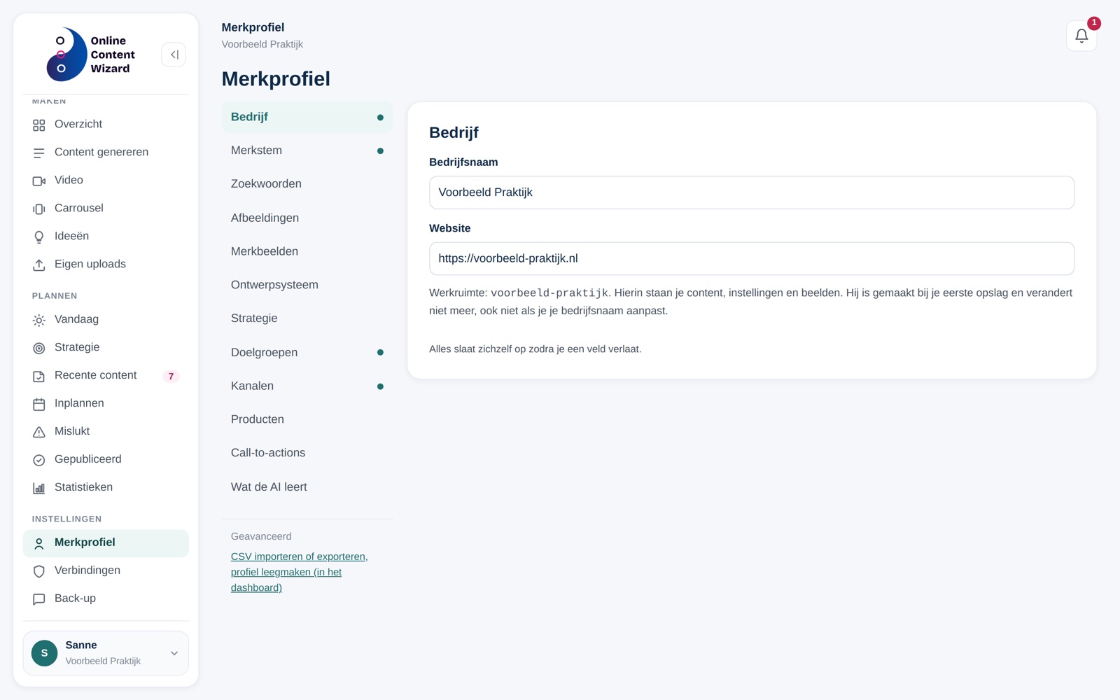 Je merkprofiel instellen in de Online Content Wizard