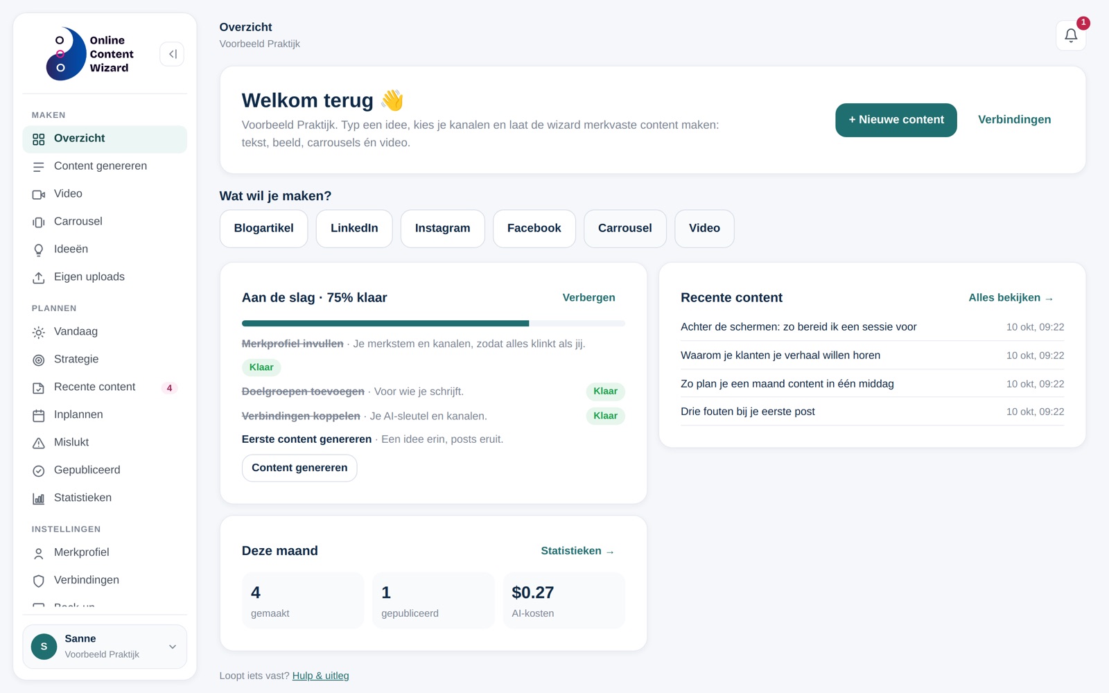 Het menu en het Overzicht in de Online Content Wizard