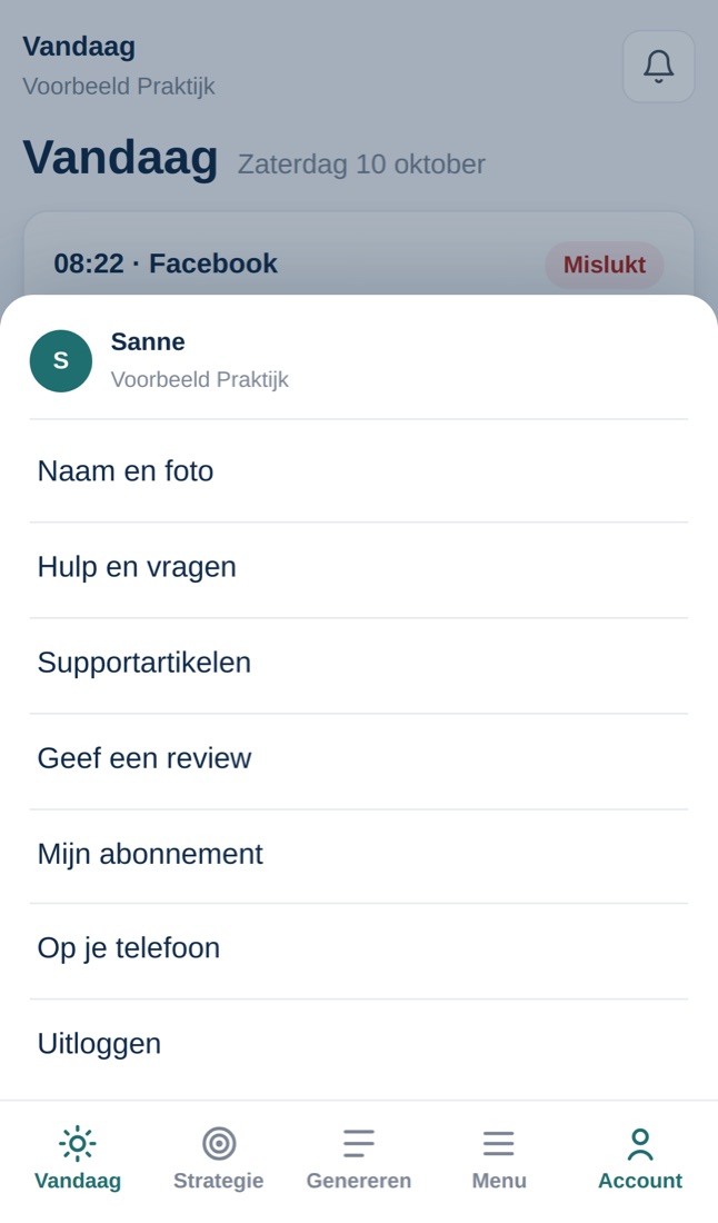 Het accountmenu van de wizard op je telefoon