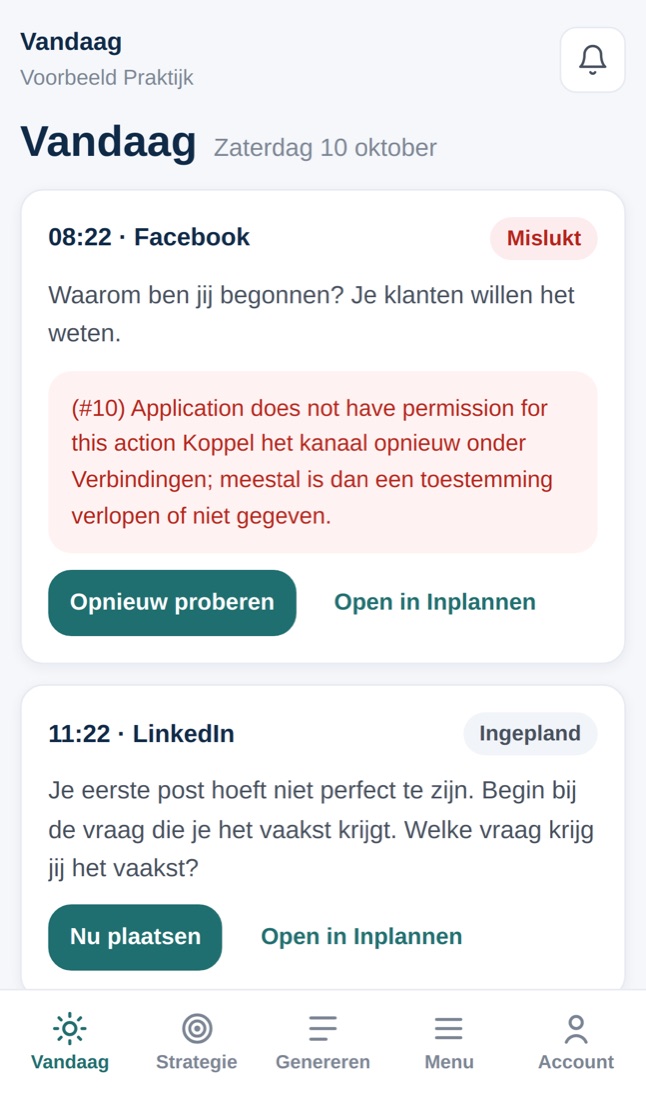 De wizard op je telefoon: het scherm Vandaag met ingeplande posts en de balk onderin