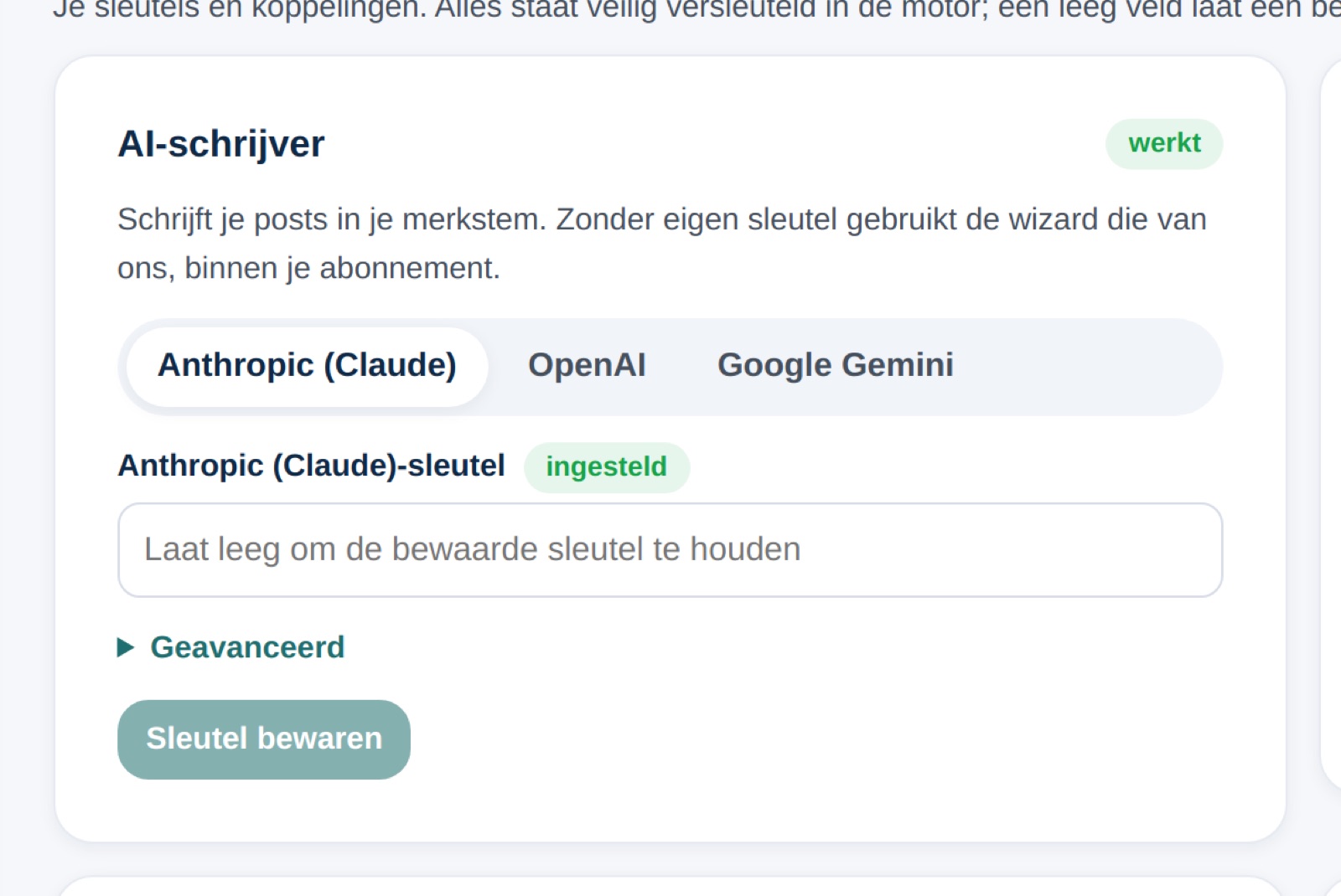 Je eigen AI-sleutel instellen in de Online Content Wizard