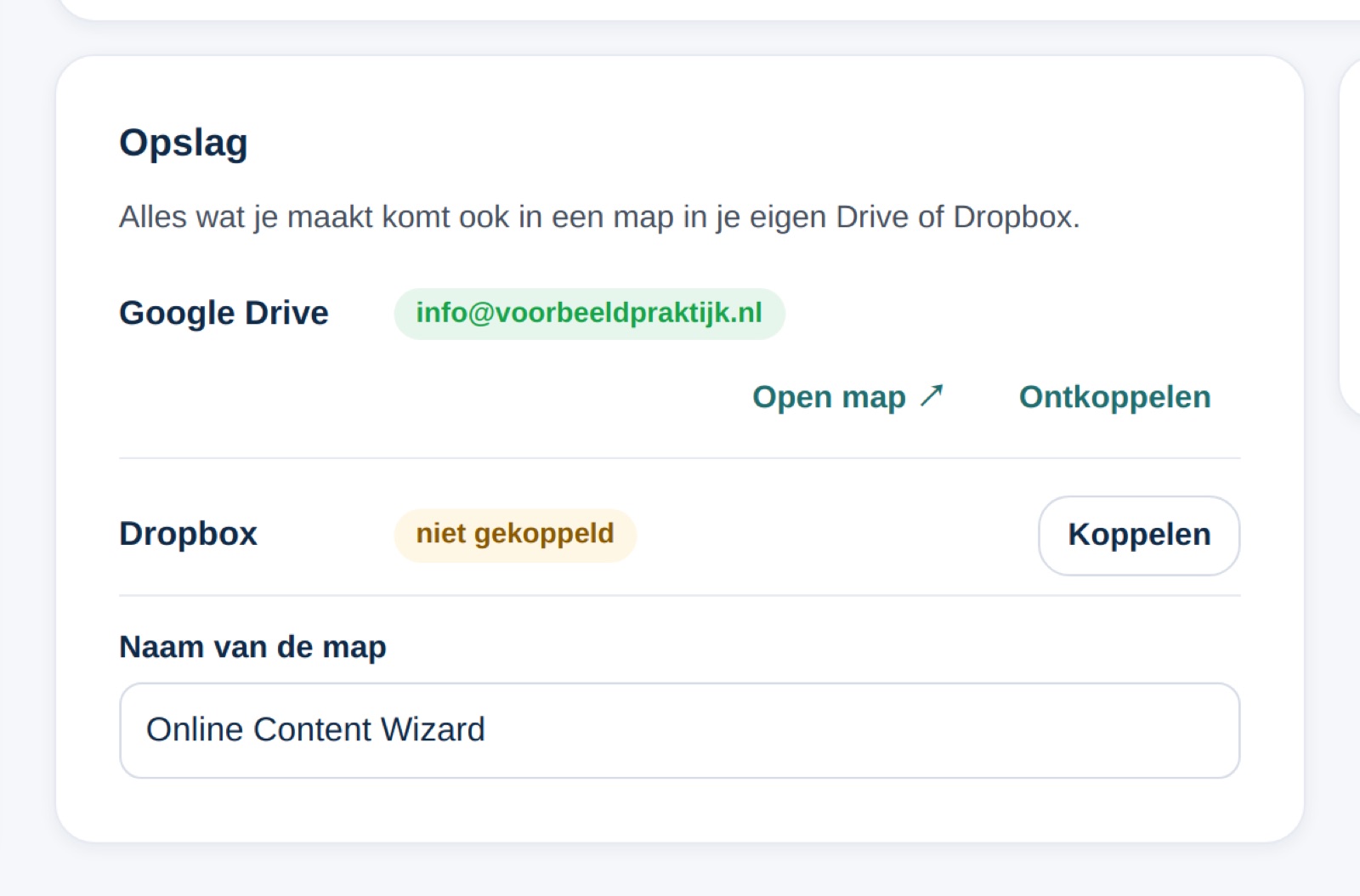 Opslag koppelen met Google Drive of Dropbox op de pagina Verbindingen