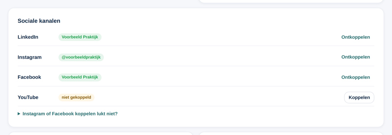 Facebook en Instagram koppelen op de pagina Verbindingen