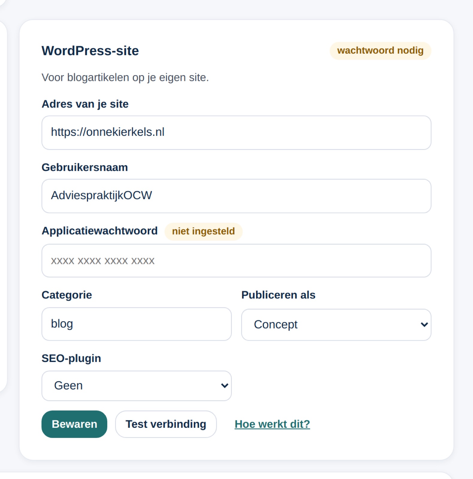 WordPress koppelen via de kaart WordPress-site bij Verbindingen