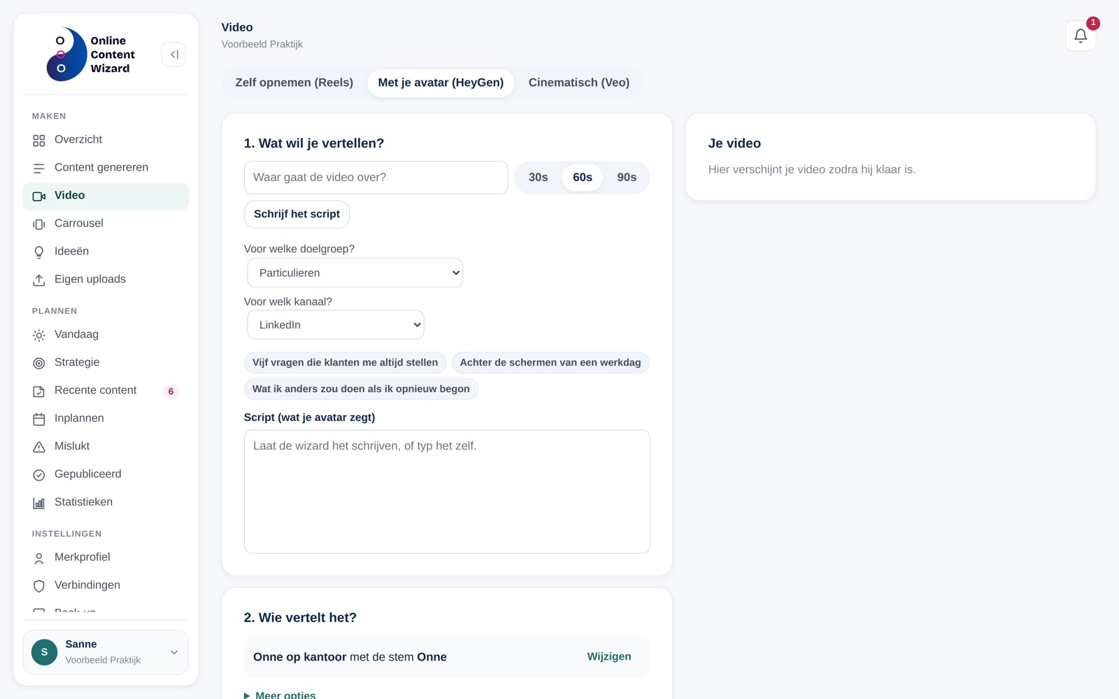 Video genereren met je HeyGen-avatar in de Online Content Wizard