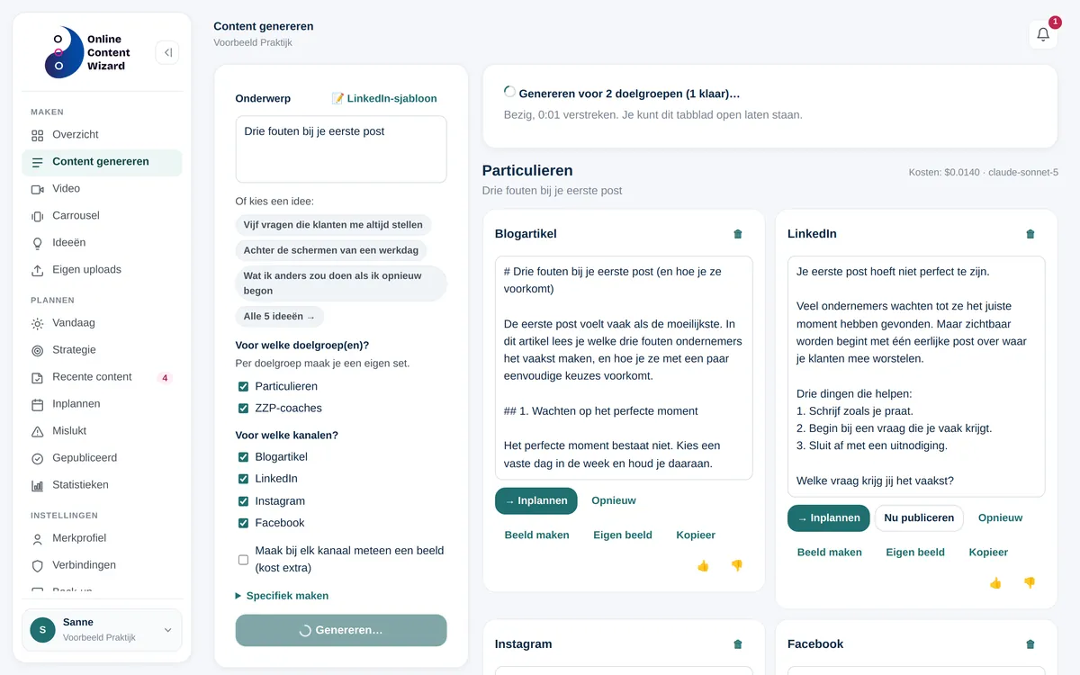 Content genereren in de Online Content Wizard: per kanaal een tekst in jouw merkstem