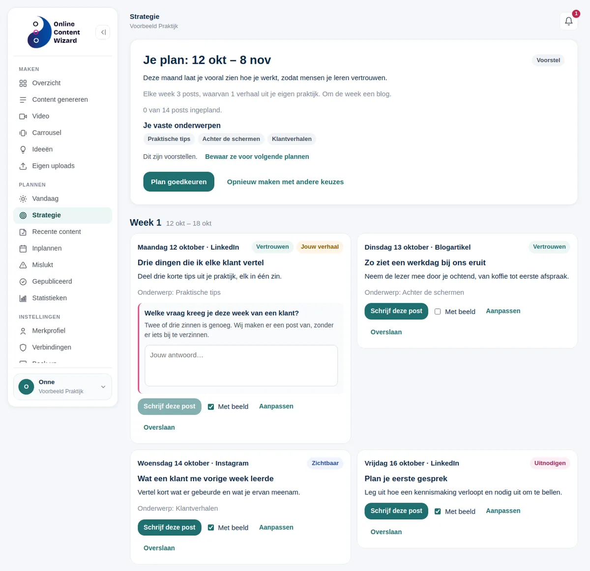 Een contentplan voor vier weken in de Online Content Wizard, met per post een kanaal, onderwerp en doel