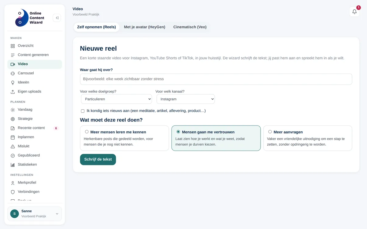 Een reel maken met de Online Content Wizard